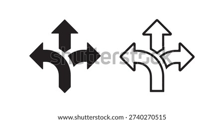Based on the image, here is a description:

This image displays two variations of a three-way decision icon on a white background. A single path or stem branches into three arrows, pointing left, straight (up), and right. The icon on the left features a solid black fill, while the icon on the right is presented as a black line outline. Both graphics symbolize a choice, a fork in the road, or navigation options.