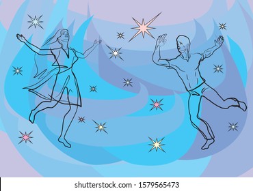 Based on the theme of love, a man and a girl against a background of blue sky and stars, figures rush towards each other