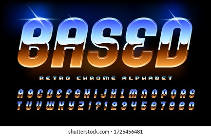 Based Retro Chrome Alphabet; An 80s Style High Tech Alphabet With The Classic Airbrushed Chrome Look So Popular In The Eighties. Glints And Highlight Give It A Sparkling Shiny Reflective Look.