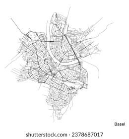 Basel city map with roads and streets, Switzerland. Vector outline illustration.