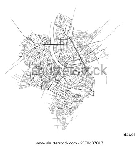 Basel city map with roads and streets, Switzerland. Vector outline illustration.