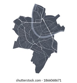 Mapa de Basilea. Mapa vectorial detallado del área administrativa de la ciudad de Basilea. Vista de la aria metropolitana de Cityscape poster. Tierra oscura con calles blancas, caminos y avenidas. Fondo blanco.