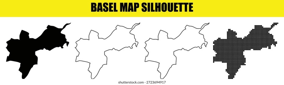 Basler Karte vier Silhouetten Sammlung verschiedene Stile Schablone Design schwarz Form Punkt Muster Umriss abstrakte Geografie Schweizer Stadt Stadtlandschaft Kartographie Kunst