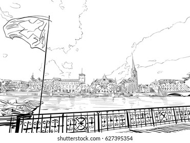 Basel. River Rhine. Switzerland. Europe. Hand drawn vector illustration.