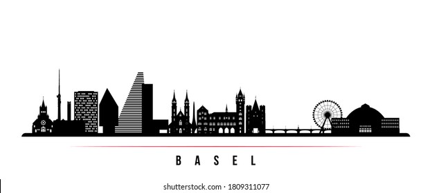 Basel skyline horizontal banner. Black and white silhouette of Basel City, Switzerland. Vector template for your design. 