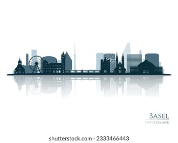 Skyline Silhouette Basel mit Reflexion. Landschaft Basel, Schweiz. Vektorgrafik.