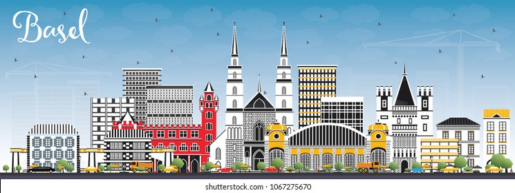 Basel Switzerland City Skyline with Color Buildings and Blue Sky. Vector Illustration. Business Travel and Tourism Concept with Historic Architecture. Basel Cityscape with Landmarks.