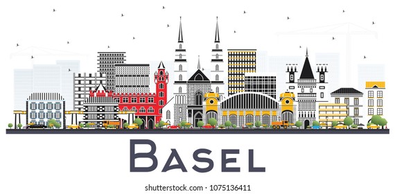 Basel Switzerland City Skyline with Color Buildings Isolated on White. Vector Illustration. Business Travel and Tourism Concept with Historic Architecture. Basel Cityscape with Landmarks.