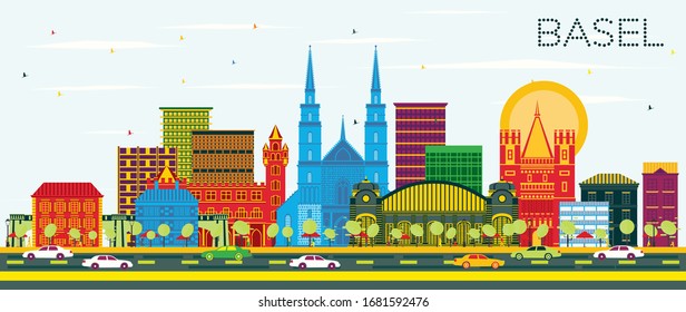 Basel Switzerland City Skyline with Color Buildings and Blue Sky. Vector Illustration. Business Travel and Tourism Concept with Historic Architecture. Basel Cityscape with Landmarks.