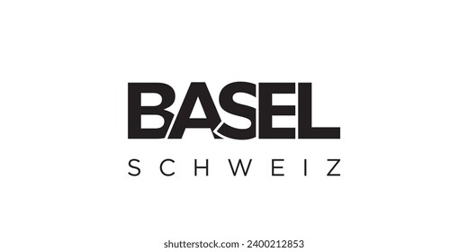 Basel in the Switzerland emblem for print and web. Design features geometric style, vector illustration with bold typography in modern font. Graphic slogan lettering isolated on white background.
