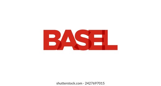 Basel in the Switzerland emblem for print and web. Design features geometric style, vector illustration with bold typography in modern font. Graphic slogan lettering isolated on white background.