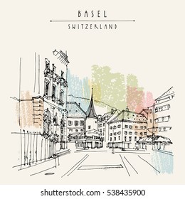 Basel, Switzerland, Europe. Street and historical houses in old town. Hand drawn postcard, poster, calendar or book illustration in vector