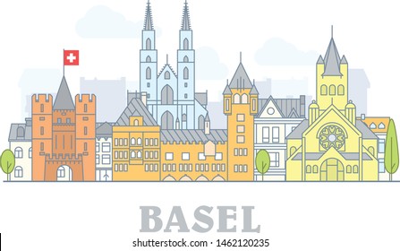 Basel, Switzerland - old town, city panorama with landmarks of Basel