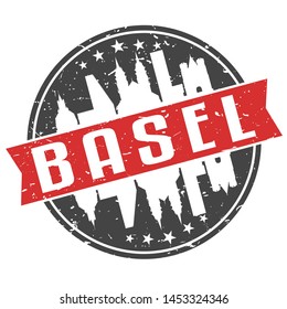 Basel Switzerland Round Travel Stamp. Icon Skyline City Design. Seal Tourism Ribbon.