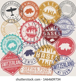 Basel Switzerland Set of Stamps. Travel Stamp. Made In Product. Design Seals Old Style Insignia.