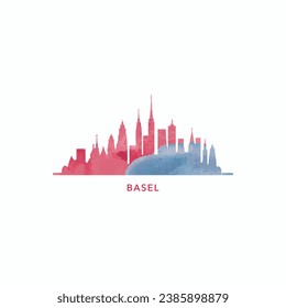 Basel watercolor cityscape skyline city panorama vector flat modern logo, icon. Switzerland town emblem concept with landmarks and building silhouettes. Isolated graphic