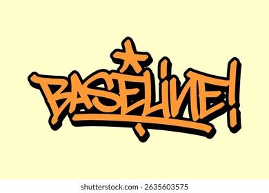 Baseline graffiti tag in vibrant orange lettering with black outline on yellow background. Bold urban style, ideal for basketball fans, street culture, and dynamic sports projects.