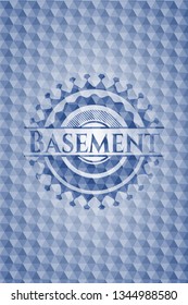 Basement blue emblem with geometric pattern background.