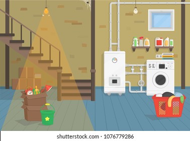 Basement with boiler, washer, stairs. Vector illustration of flat cartoon style.