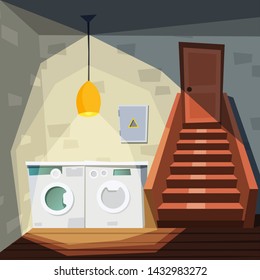 Basement. Cartoon house room with basement with washing laundry machine stairway storehouse interior colored vector illustration