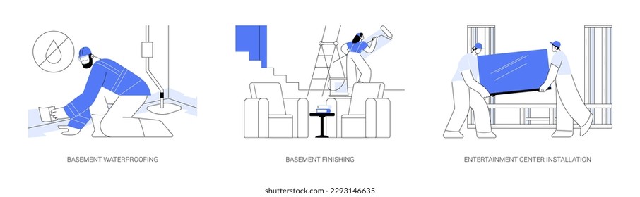 Basement design services abstract concept vector illustration set. Basement waterproofing and finishing, entertainment center installation, repair service contractors abstract metaphor.