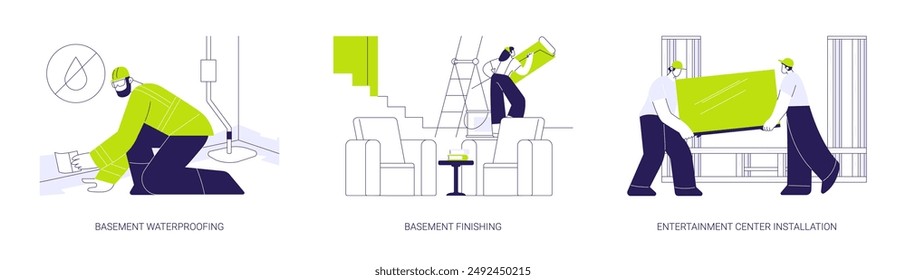 Basement design services abstract concept vector illustration set. Basement waterproofing and finishing, entertainment center installation, repair service contractors abstract metaphor.