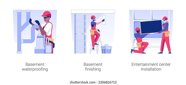 Basement design services isolated concept vector illustration set. Basement waterproofing and finishing, entertainment center installation, repair service contractors vector cartoon.