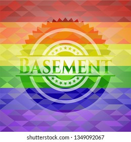 Basement emblem on mosaic background with the colors of the LGBT flag