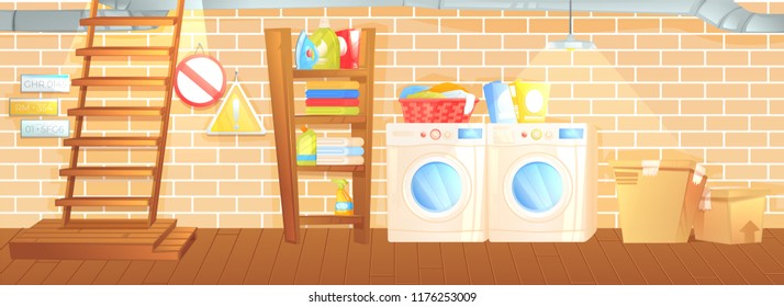 Basement interior, , laundry inside the room with boiler, washer, stairs and boxes.  Vector cartoon illustration