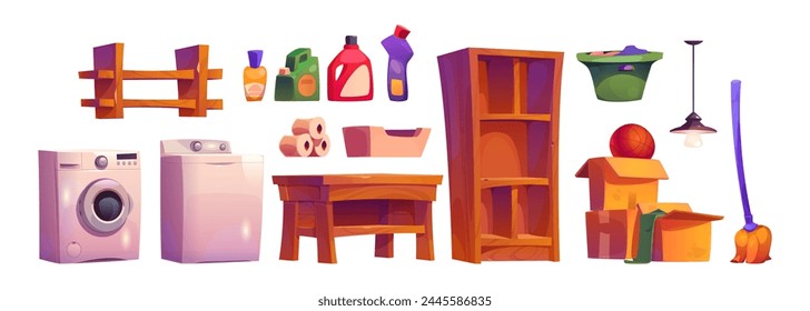 Basement laundry interior for house storage room. Home cellar illustration with broom, wash machine, dryer, basket and wooden rack. Isolated indoor pantry clipart set with canister and paper roll.