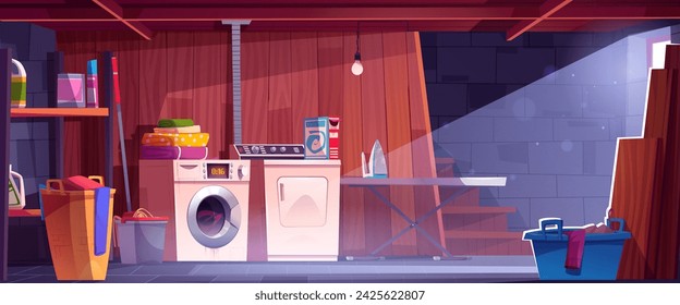 Basement laundry room interior. Vector cartoon illustration of cellar storeroom with washing machine, automatic dryer, iron board, detergents in bottles on shelf, mop and bucket, baskets with clothes