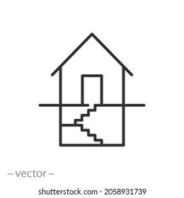 Basement Private House Icon, Ground Floor, Black Stairs, Thin Line Symbol On White Background - Editable Stroke Vector Illustration