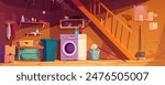 Basement room interior background banner for game design. Abandoned cellar with wooden broken staircase, old laundry machine, boxes and shelves, cracked walls with cobweb. Vector cartoon illustration