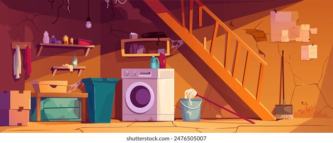 Anuncio de fondo interior de la sala del sótano para el diseño del juego. Bodega abandonada con escalera rota de madera, lavadora vieja, cajas y estantes, paredes agrietadas con telaraña. Vector ilustración de dibujos animados