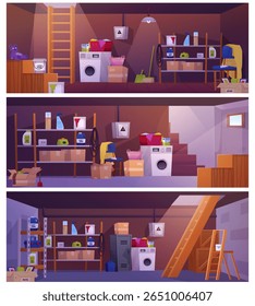 Basement room interior. Cartoon storage home cellar with wooden stairs, cleaning tools, washing machine, old furniture and shelves with stuff. Vector flat illustrations set