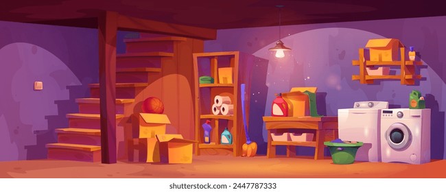 Basement room interior with laundry equipment. Cartoon vector house cellar inside with wooden stairs, washing and dryer machine, wood rack with storage boxes and detergent bottles, clothes in basket.