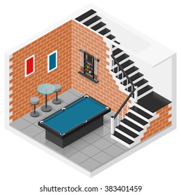 Basement Room In A Private House Converted Into A Billiard Room Isometric Icon Set Vector Graphic Illustration