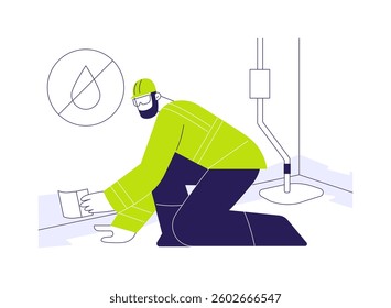 Basement waterproofing abstract concept vector illustration. Contractor installing drainage system and pump in the basement, moisture treatment, repair service worker abstract metaphor.