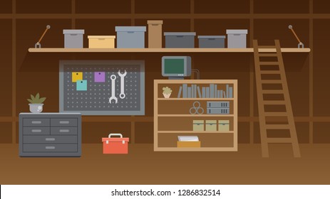 Basement Workshop Illustration. Garage or Cellar Indoor Storehouse with Mechanic Equipment Set. Stockroom or Carpentry Workplace with Shelves, Table, Furniture. Cartoon Storage Interior.