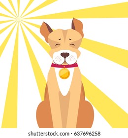 Basenji dog with closed eyes in red collar with gold medallion on sunny background. Friendly and playful dog breed vector illustration. Cartoon domestic animal on walk enjoys good warm weather.