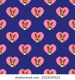 Basenji dog with paws pattern, Valentine's day heart wallpaper. Love heart with pet head holiday texture. Dog face Holding Heart Cartoon square violet background. St Valentine's day present paper. 