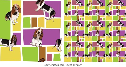 Basenji dog summer bright wallpaper. Holiday abstract shapes square seamless mosaic, repeatable pattern. Birthday wallpaper, Christmas present, print tiles. Simple Violet puzzle with dogs, pets.  