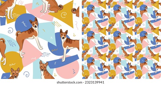 Basenji dog summer pastel wallpaper. Holiday abstract circles, squares, spirals, confetti. Seamless geometric background, repeatable pattern. Birthday wallpaper, Christmas present, print tiles. 