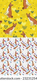 Basenji dog Valentine's day bright heart wallpaper. Yellow and green Holiday square background, repeatable pattern. St Valentine's day wallpaper, valentine's, birthday present, print tiles. 2 types.