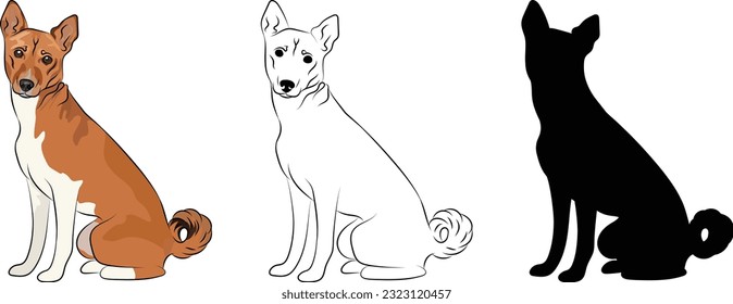 Basenji silhouette, outlined graphic. Sitting pose Congo dog. Cute dog characters, design for print, cute cartoon vector set. One color design. Ango angari art, hand-drawn style.Red Basenji with white