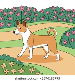 Basenjis walking gracefully in front of a vibrant flower garden, capturing the beauty of nature and this unique breed.