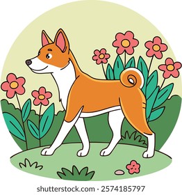 Basenjis walking gracefully in front of a vibrant flower garden, capturing the beauty of nature and this unique breed.