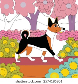 Basenjis walking gracefully in front of a vibrant flower garden, capturing the beauty of nature and this unique breed.