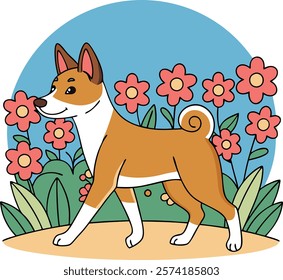 Basenjis walking gracefully in front of a vibrant flower garden, capturing the beauty of nature and this unique breed.