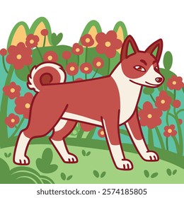 Basenjis walking gracefully in front of a vibrant flower garden, capturing the beauty of nature and this unique breed.